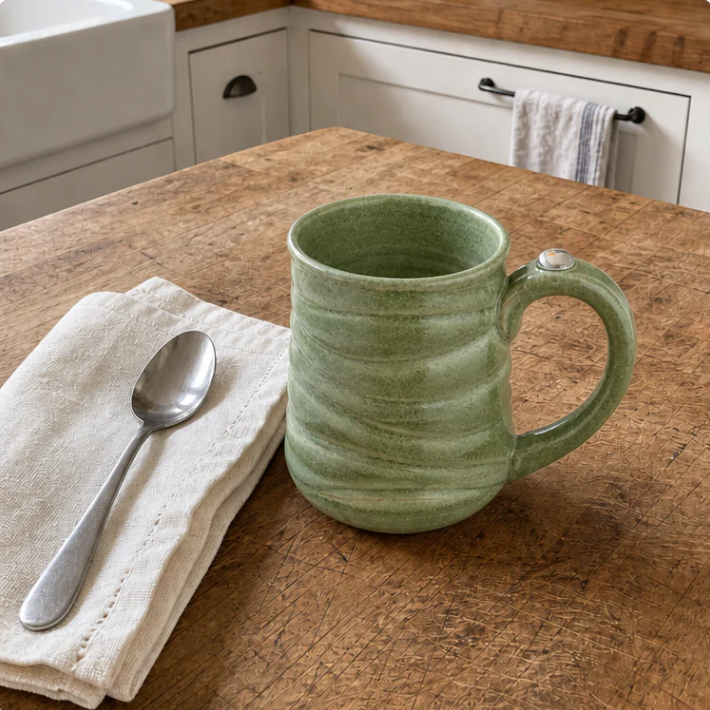 Handmade forest AnxieMug with ceramic ball indented into the handle