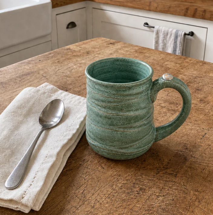 Handmade sage AnxieMug with ceramic ball indented into the handle